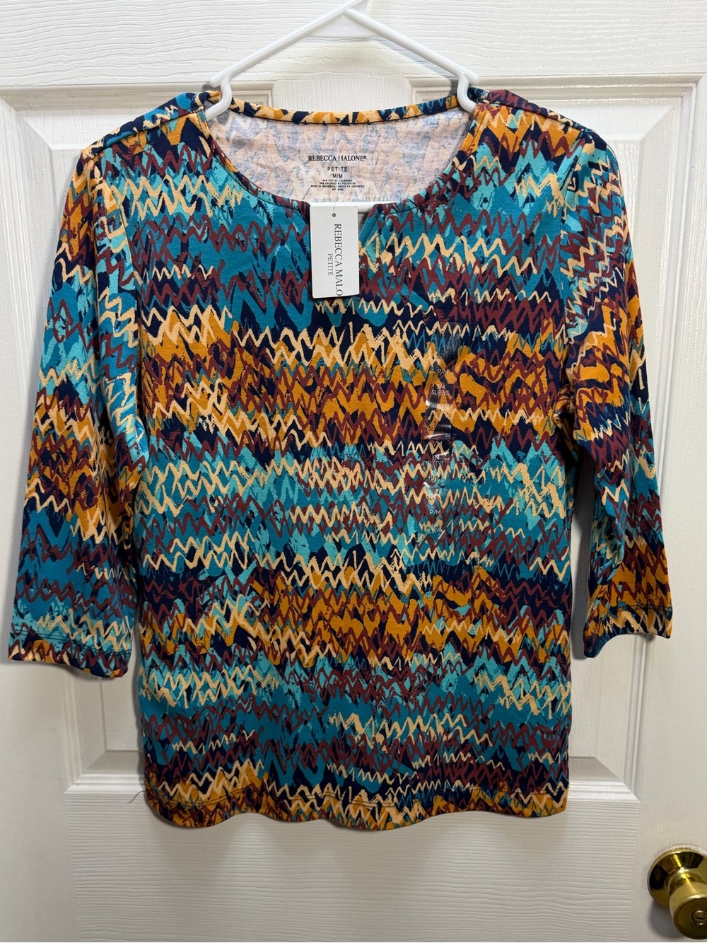 Rebecca Malone Teal Mustard Burgundy Zigzag Knit Top
